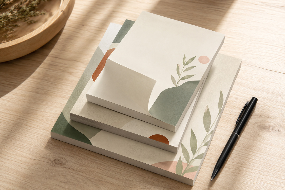 Bloc de notes adhésives personnalisé avec en-tête imprimé au logo, une feuille qui se décolle, devant un carnet à couverture imprimée avec marque-pages colorés