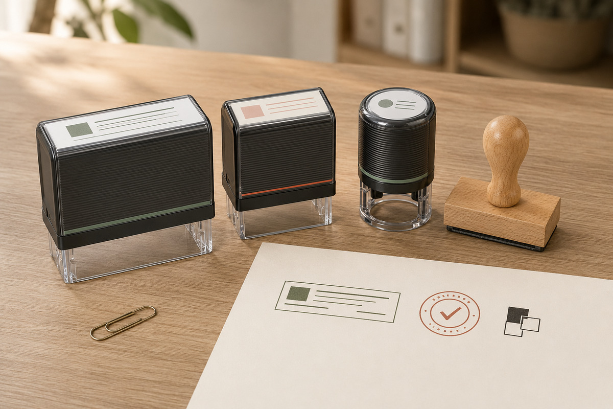 Tampon encreur automatique imprimant une empreinte personnalisée sur un document, accompagné d'un tampon bois et d'une plaque texte de rechange gravée