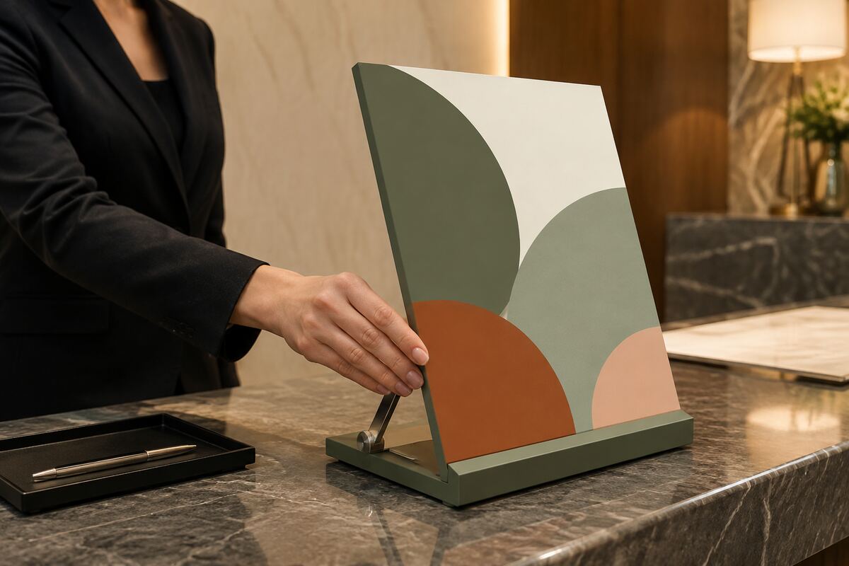 Chevalet de comptoir Luxe imprimé en quadrichromie par KOOPRINTA