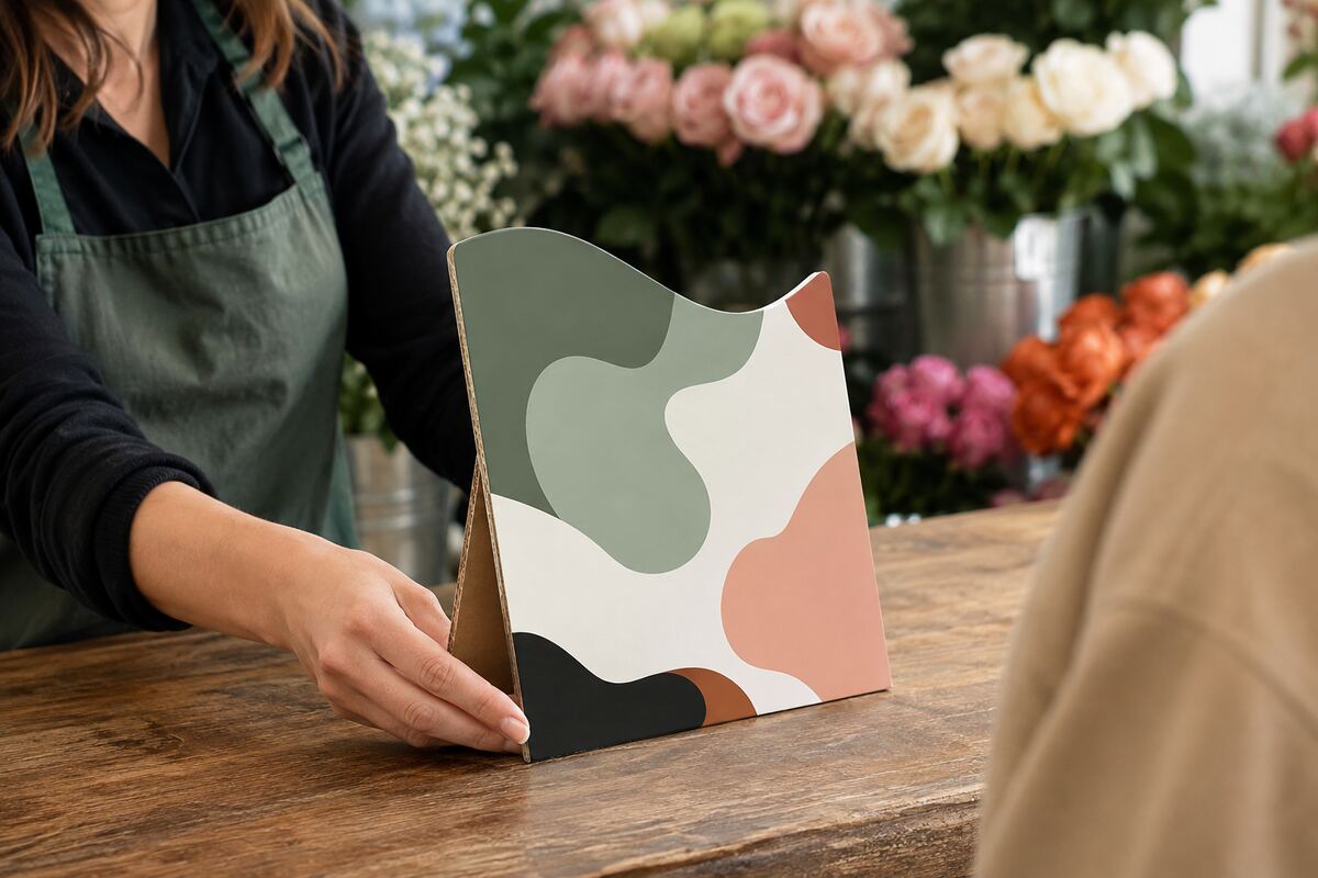 Chevalet de comptoir Wave imprimé en quadrichromie par KOOPRINTA