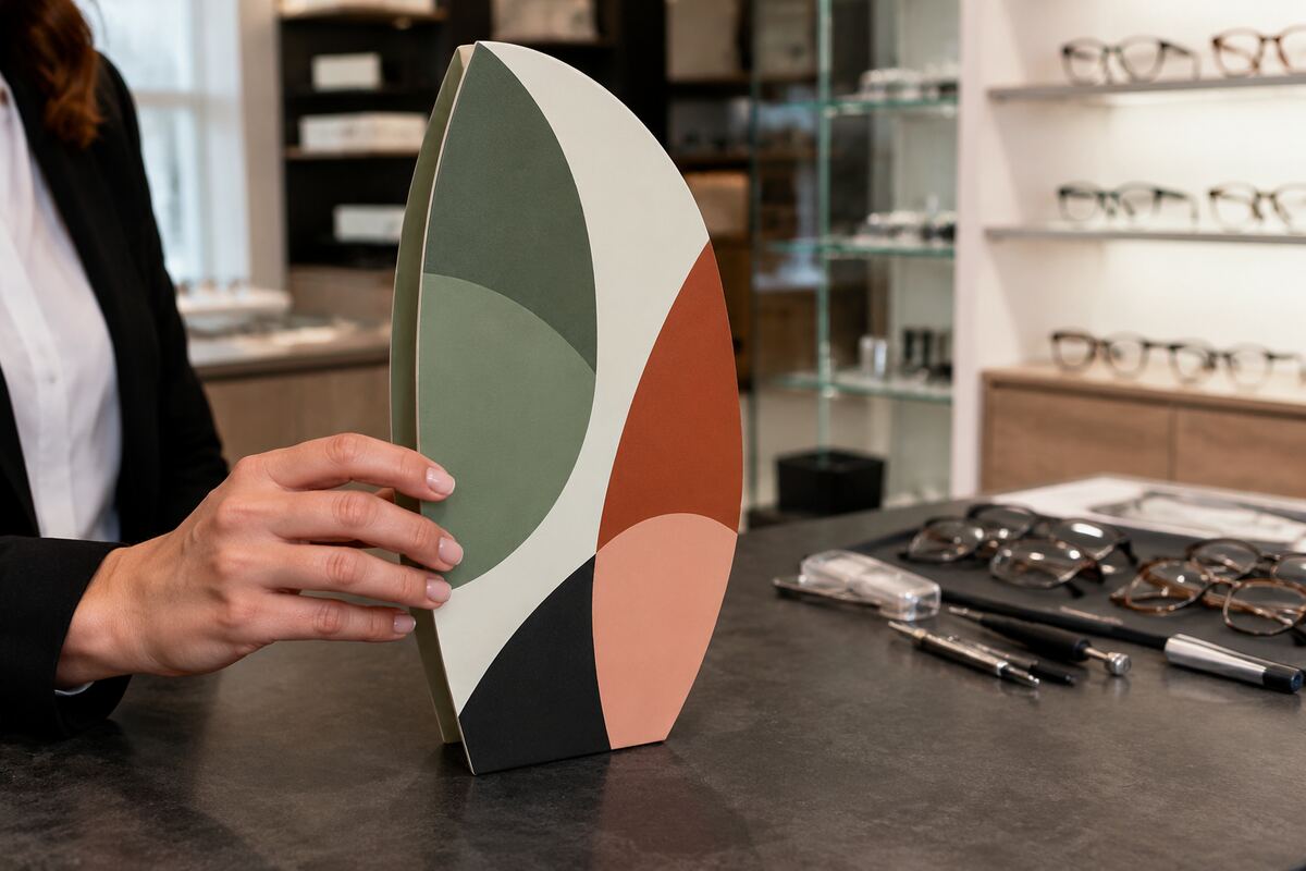 Totem elliptique de comptoir imprimé en quadrichromie par KOOPRINTA