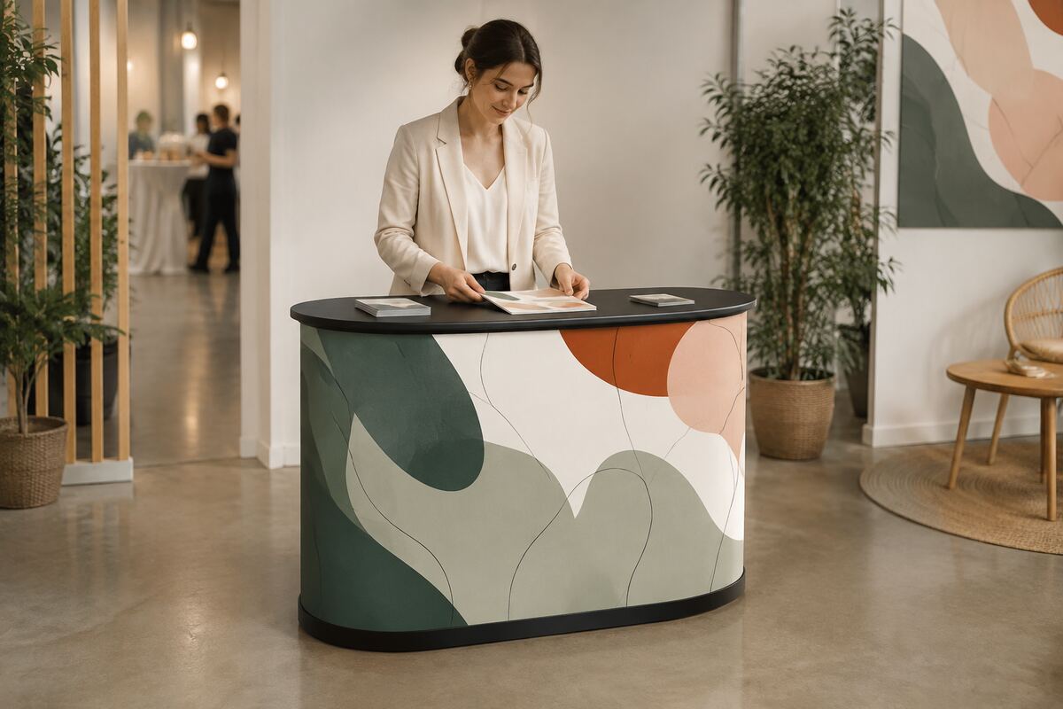 Comptoir d'exposition pliable avec façade courbée habillée d'un visuel imprimé personnalisé et housse de transport
